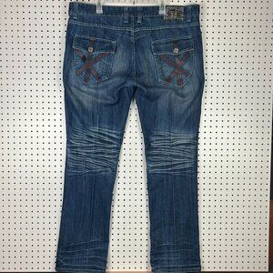 Bare Fox Y2K Jeans 42x34‎ Embroidered Flap Pocket Grunge Honeycomb Dark Wash 90s